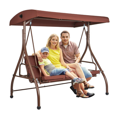 3-Seat Outdoor Swing Chair with Adjustable Canopy and Removable Cushion, Brown