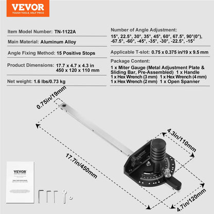 Precision Miter Gauge for Table Saw, Aluminum Alloy, 15 Adjustable Angle Stops