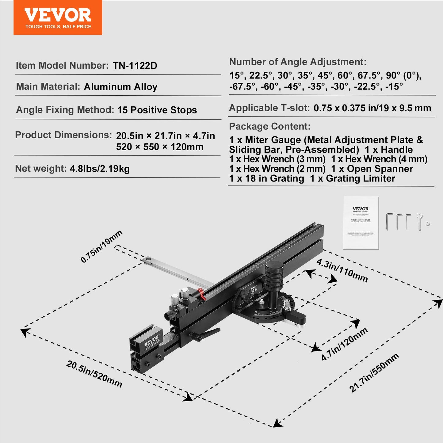 VEVOR Precision Miter Gauge, Standard Slot 3/4'' x 3/8'', Aluminum Alloy Table Saw