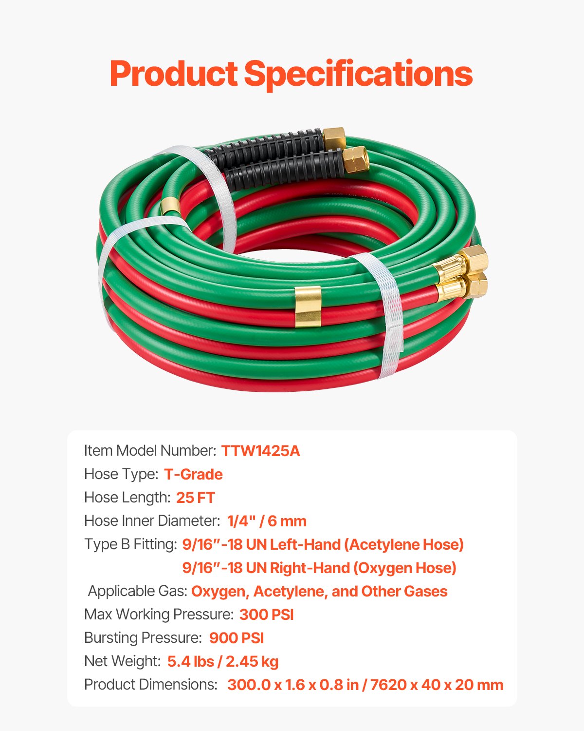 Oxygen Acetylene Hose 1/4-Inch x 25FT T Grade Hose 300PSI Max Working Pressure