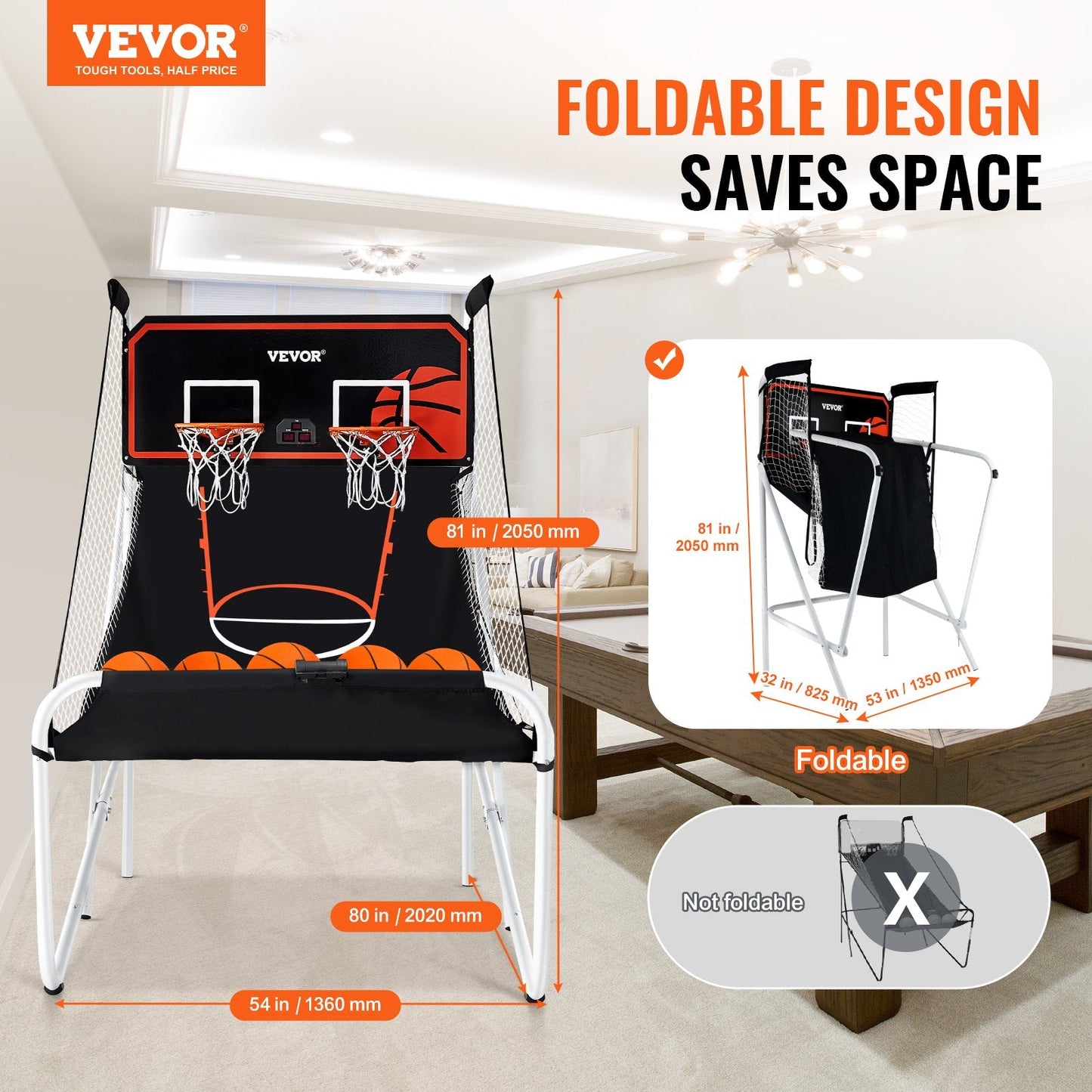 Foldable Dual-Player Indoor Basketball Arcade with 8 Modes & Electronic Scoreboard