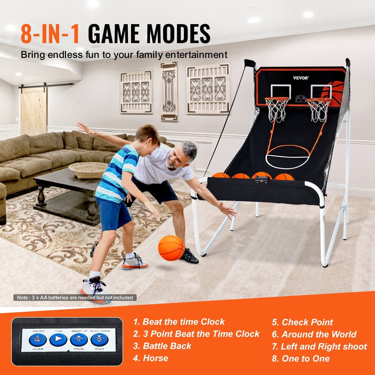 Foldable Dual-Player Indoor Basketball Arcade with 8 Modes & Electronic Scoreboard