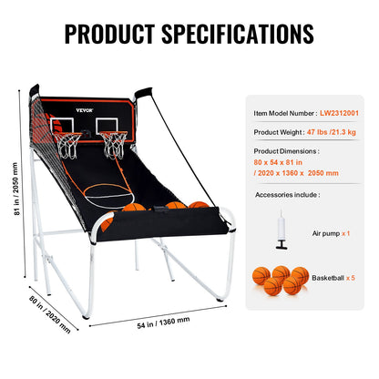 VEVOR Foldable Basketball Arcade Game, 2 Player Indoor Basketball Game, Home Dual