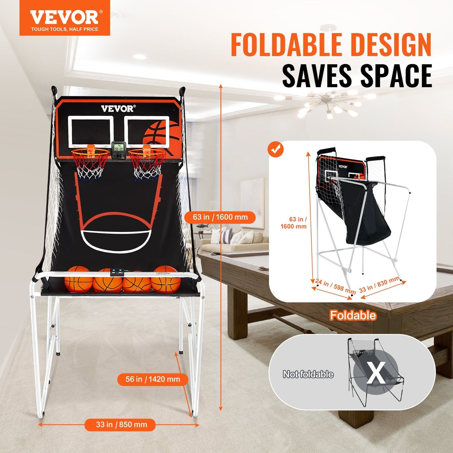 Foldable Dual Basketball Arcade Game with Electronic Scoreboard and 4 Balls
