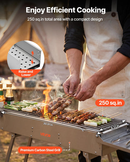 Foldable Charcoal Grill, 0.16 m² Portable Charcoal Barbecue Grill with Liftable Charcoal Tray & Side Tables, Brushed Stainless Steel BBQ Cooking Grills for Outdoor Camping Backyard Parties