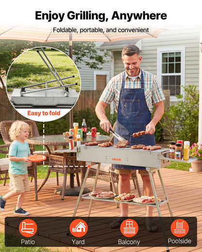 Foldable Charcoal Grill, 0.16 m² Portable Charcoal Barbecue Grill with Liftable Charcoal Tray & Side Tables, Brushed Stainless Steel BBQ Cooking Grills for Outdoor Camping Backyard Parties