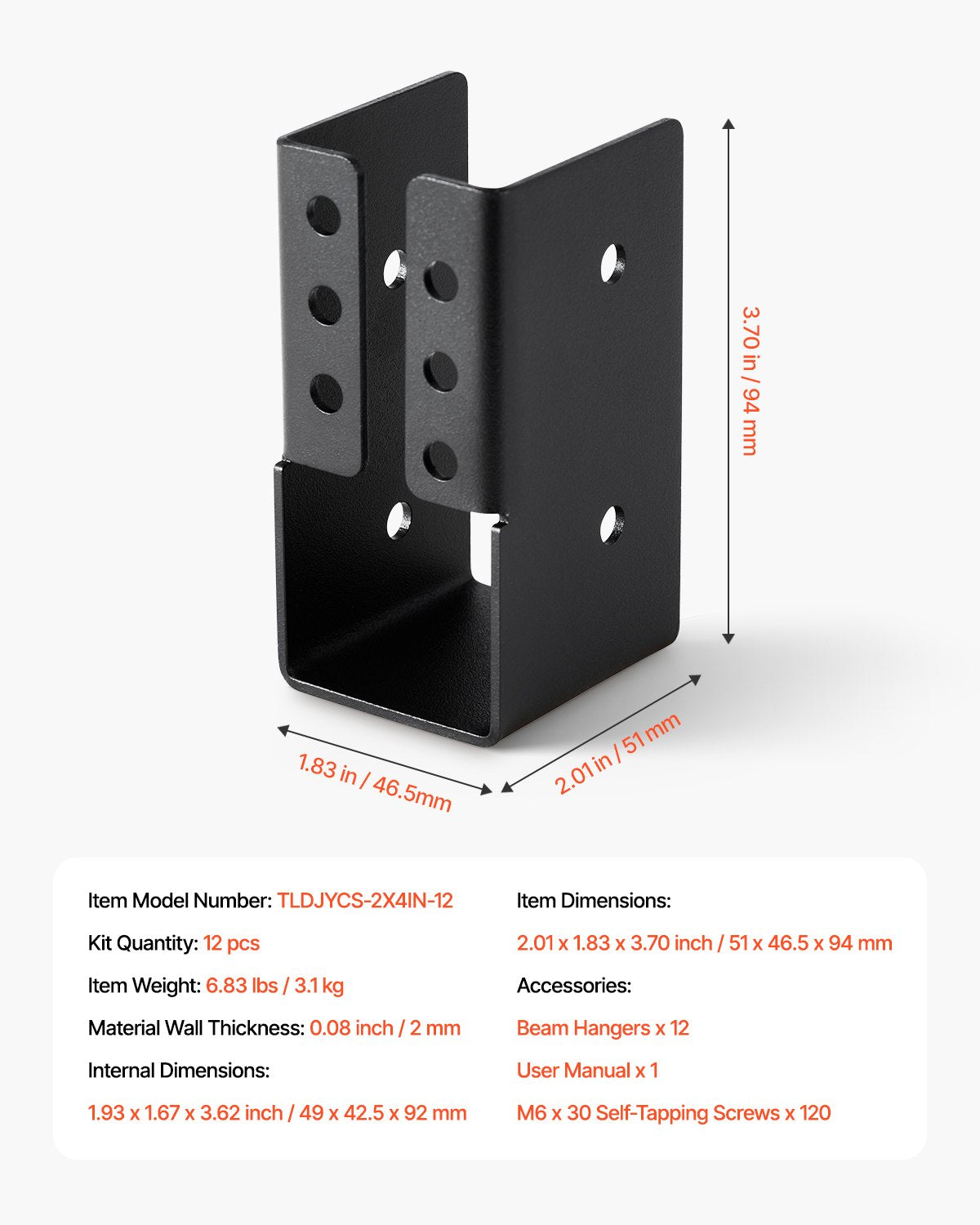 Concealed Joist Hanger, 2x4 Inch Outdoor Concealed-Flange Joist Bracket with Screws, Steel Light Joist Hangers for 1.93 x 3.62 Inch / 49 x 92 mm Beam, Swing, Fence, Wooden Slides, 12 Pcs