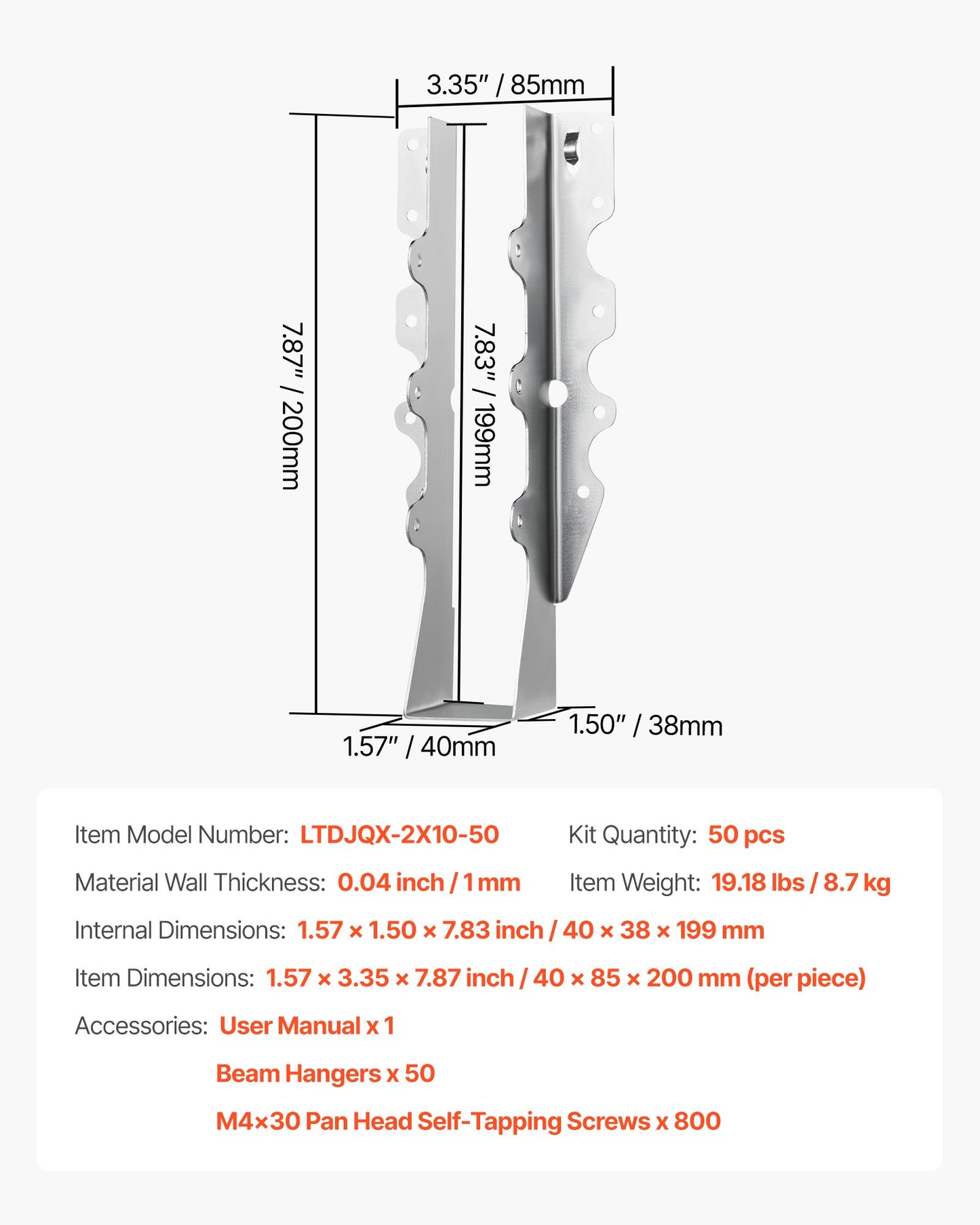 50 Pcs Joist Hanger, Inner Dimensions 1.57 x 1.50 x 7.83 inch / 40 x 38 x 199 mm, Rafter Hurricane Ties Joist Hangers with Rustproof Coating, Tie Brackets for Floor Deck and Ceiling Trusses