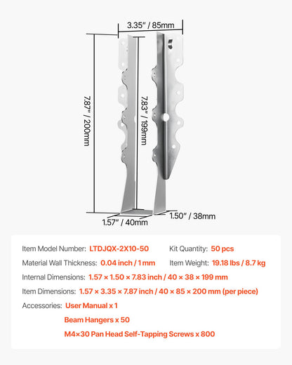 50 Pcs Joist Hanger, Inner Dimensions 1.57 x 1.50 x 7.83 inch / 40 x 38 x 199 mm, Rafter Hurricane Ties Joist Hangers with Rustproof Coating, Tie Brackets for Floor Deck and Ceiling Trusses