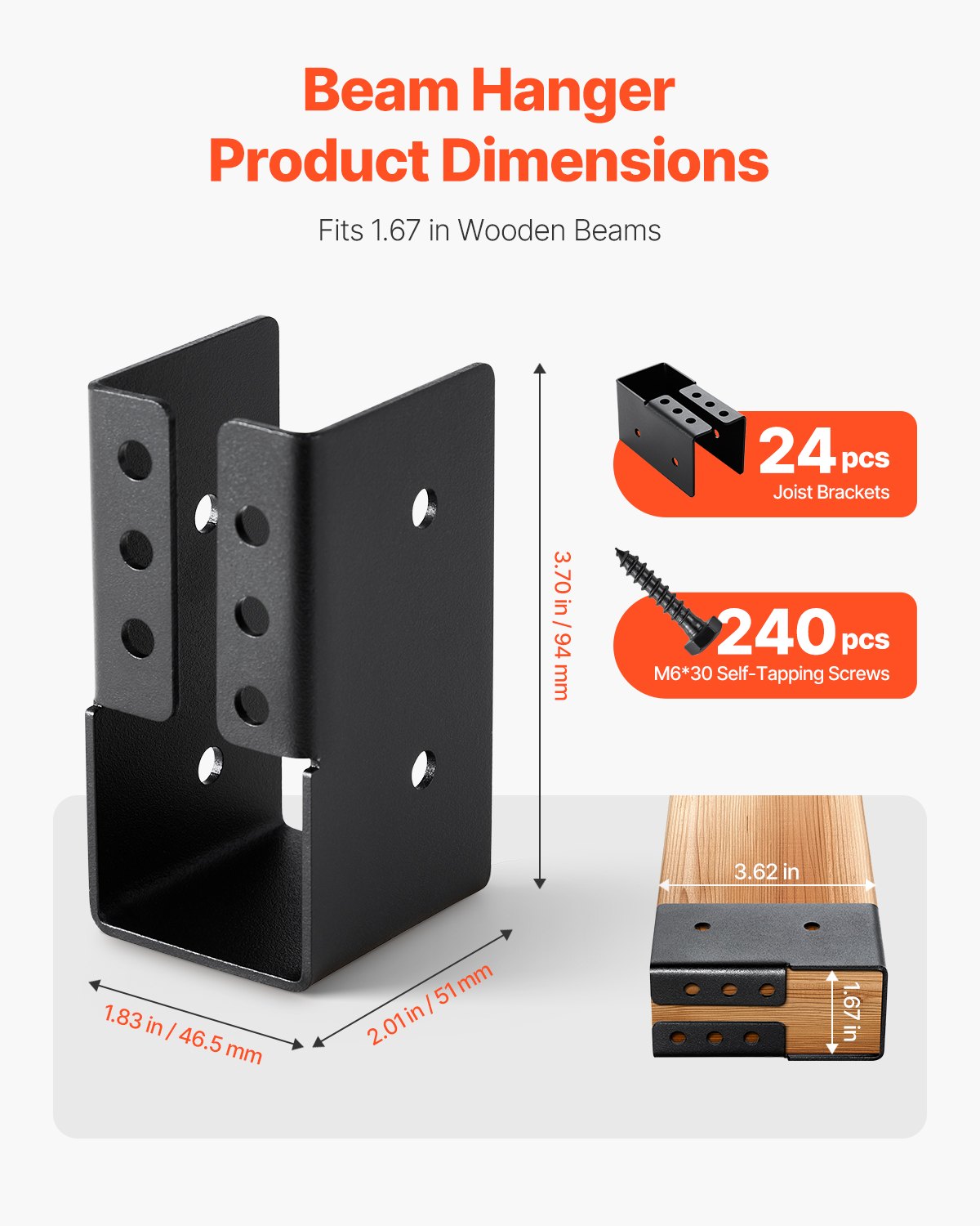 Concealed Joist Hanger, 2x4 Inch Outdoor Concealed-Flange Joist Bracket with Screws, Steel Light Joist Hangers for 1.93 x 3.62 Inch / 49 x 92 mm Beam, Swing, Fence, Wooden Slides, 24 Pcs