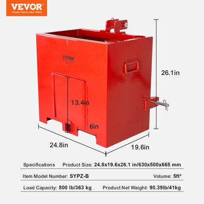 Heavy-Duty Tractor Ballast Box, 363 kg Capacity, 5 cu.ft, 0.63 m Size, Red