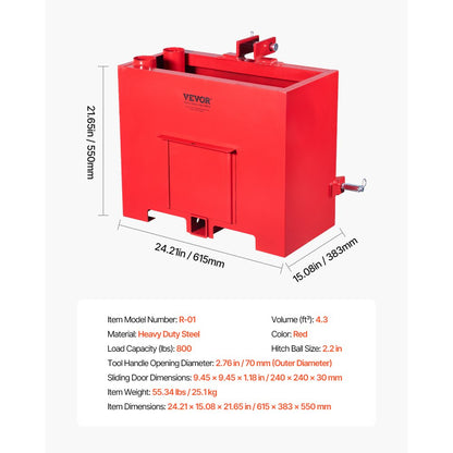 VEVOR Ballast Box 3 Point Category 1 Tractor Quick Tach Hitch Counterweight Red