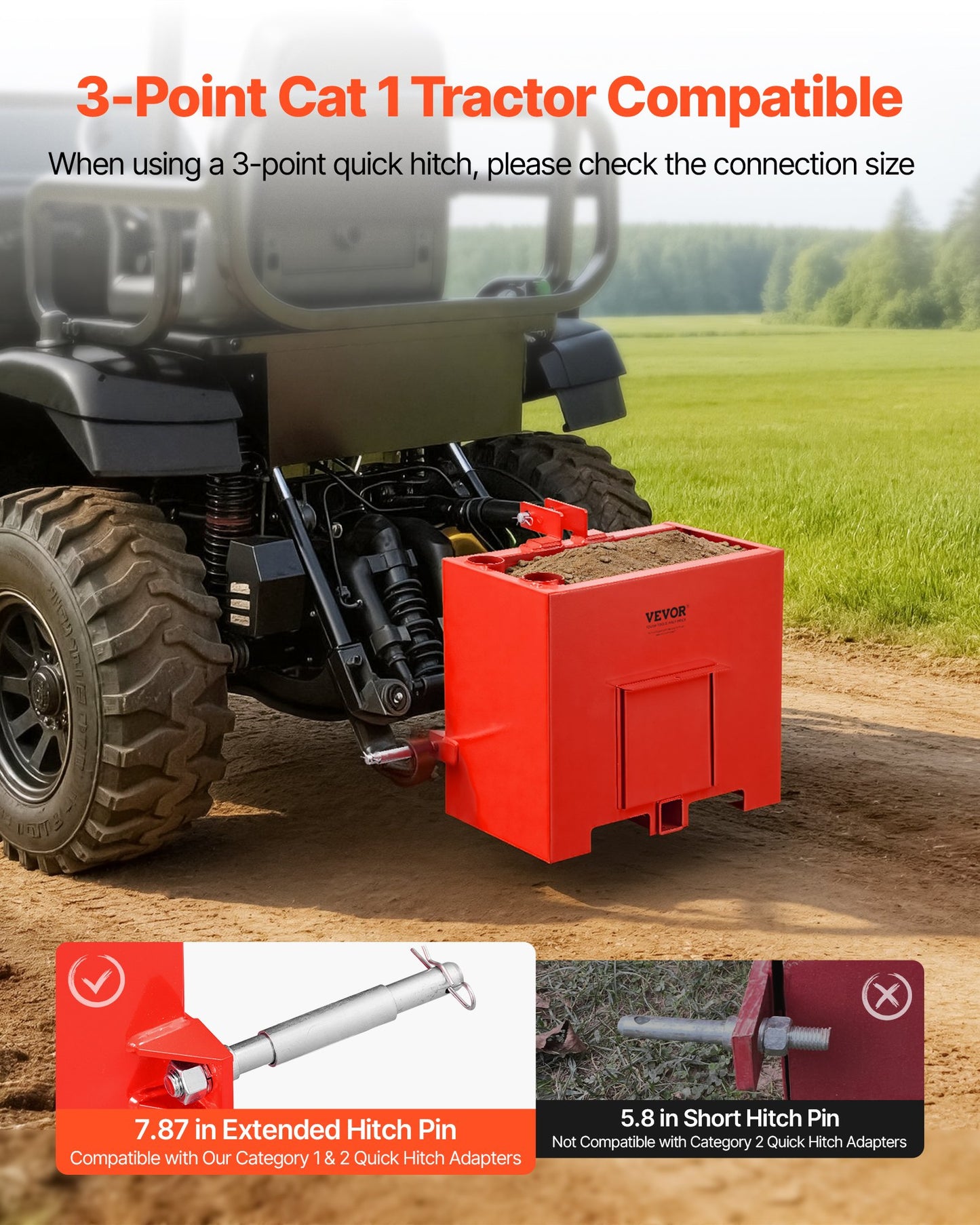 Ballast Box, 3-Point Category 1 Tractor Ballast of 363 kg Capacity, with Standard 55 mm Hitch Receiver, Heavy-Duty Steel 0.09 m³ Large Volume Durable Loader Attachment with Sliding Door, Red