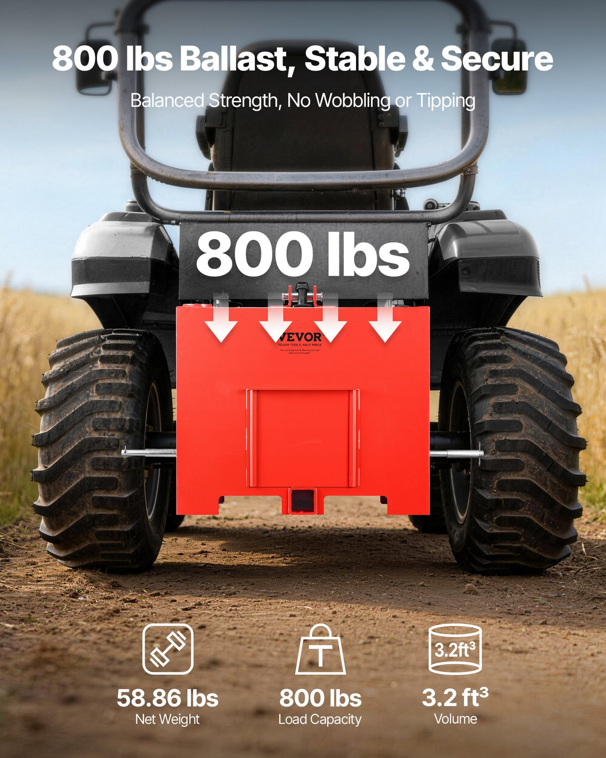 Ballast Box, 3-Point Category 1 Tractor Ballast of 363 kg Capacity, with Standard 55 mm Hitch Receiver, Heavy-Duty Steel 0.09 m³ Large Volume Durable Loader Attachment with Sliding Door, Red