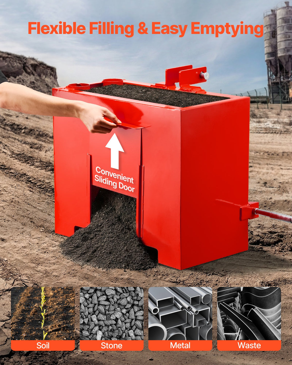 Ballast Box, 3-Point Category 1 Tractor Ballast of 363 kg Capacity, with Standard 55 mm Hitch Receiver, Heavy-Duty Steel 0.09 m³ Large Volume Durable Loader Attachment with Sliding Door, Red