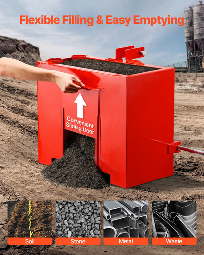 Ballast Box, 3-Point Category 1 Tractor Ballast of 363 kg Capacity, with Standard 55 mm Hitch Receiver, Heavy-Duty Steel 0.09 m³ Large Volume Durable Loader Attachment with Sliding Door, Red