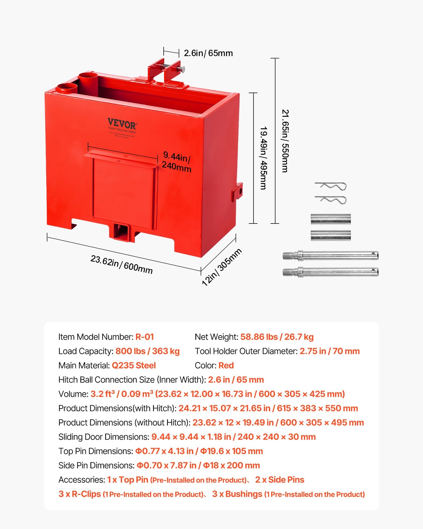 Ballast Box, 3-Point Category 1 Tractor Ballast of 363 kg Capacity, with Standard 55 mm Hitch Receiver, Heavy-Duty Steel 0.09 m³ Large Volume Durable Loader Attachment with Sliding Door, Red