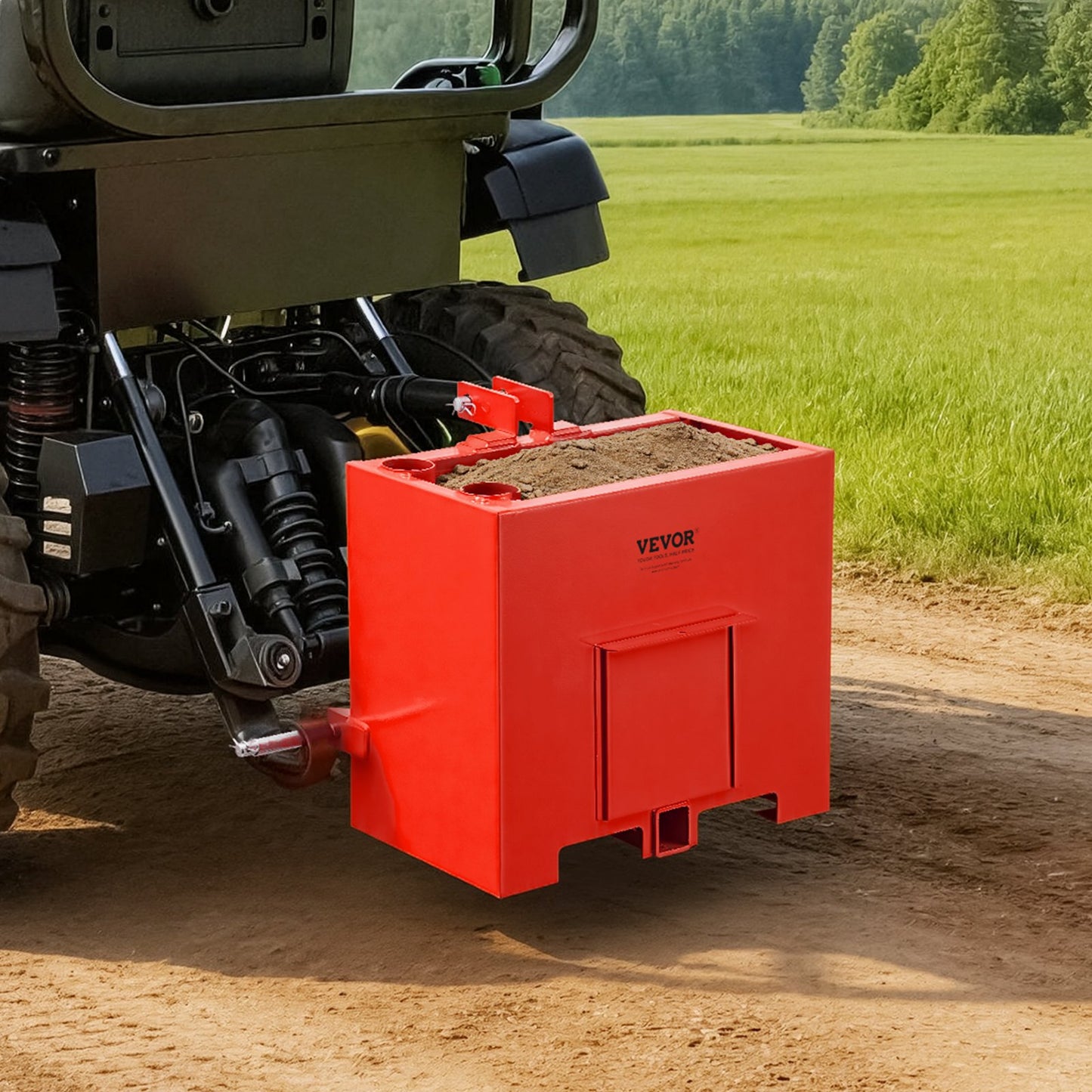 Ballast Box, 3-Point Category 1 Tractor Ballast of 363 kg Capacity, with Standard 55 mm Hitch Receiver, Heavy-Duty Steel 0.09 m³ Large Volume Durable Loader Attachment with Sliding Door, Red