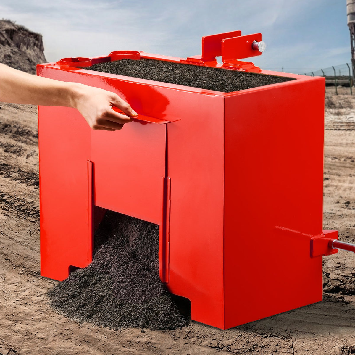 Ballast Box, 3-Point Category 1 Tractor Ballast of 363 kg Capacity, with Standard 55 mm Hitch Receiver, Heavy-Duty Steel 0.09 m³ Large Volume Durable Loader Attachment with Sliding Door, Red
