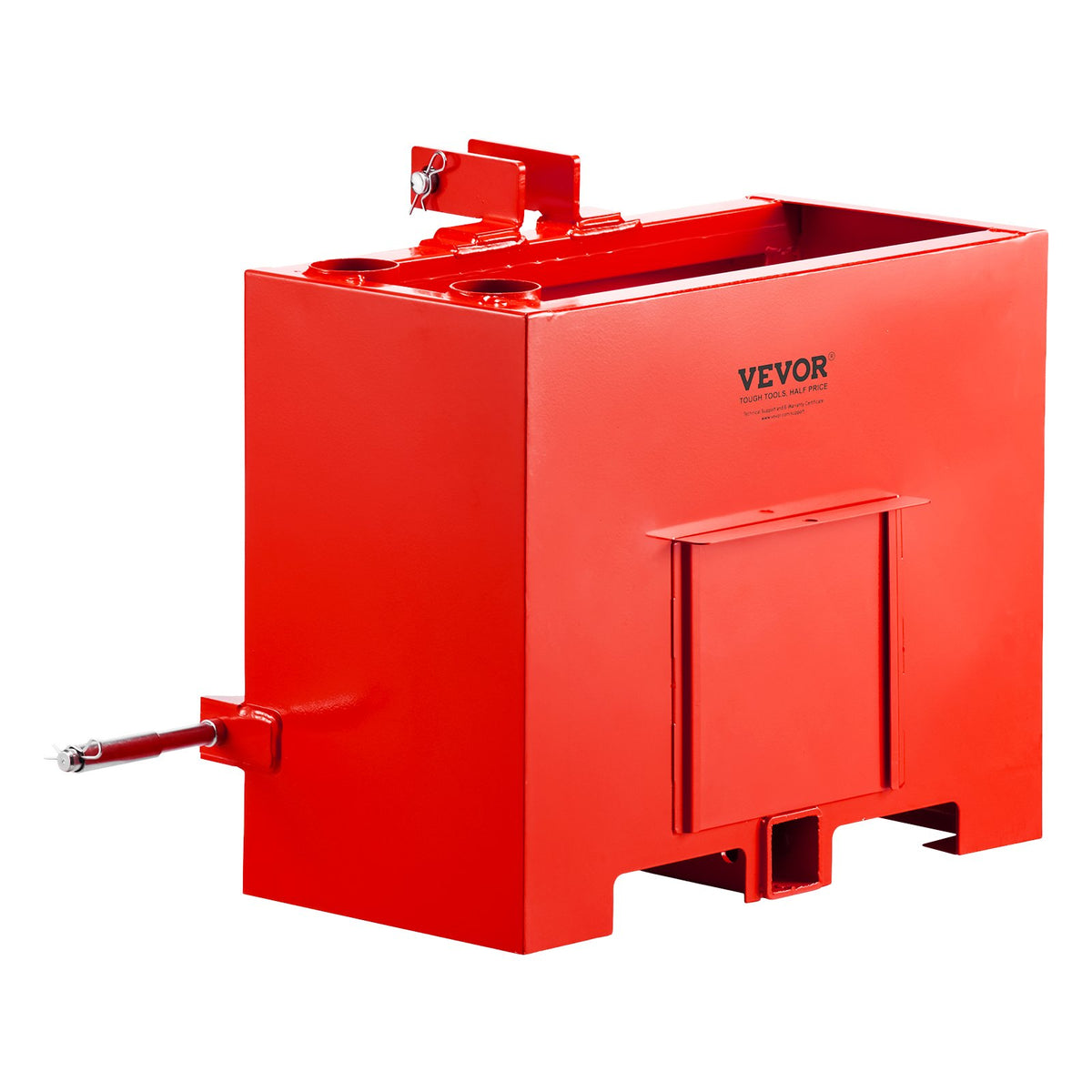 Ballast Box, 3-Point Category 1 Tractor Ballast of 363 kg Capacity, with Standard 55 mm Hitch Receiver, Heavy-Duty Steel 0.09 m³ Large Volume Durable Loader Attachment with Sliding Door, Red