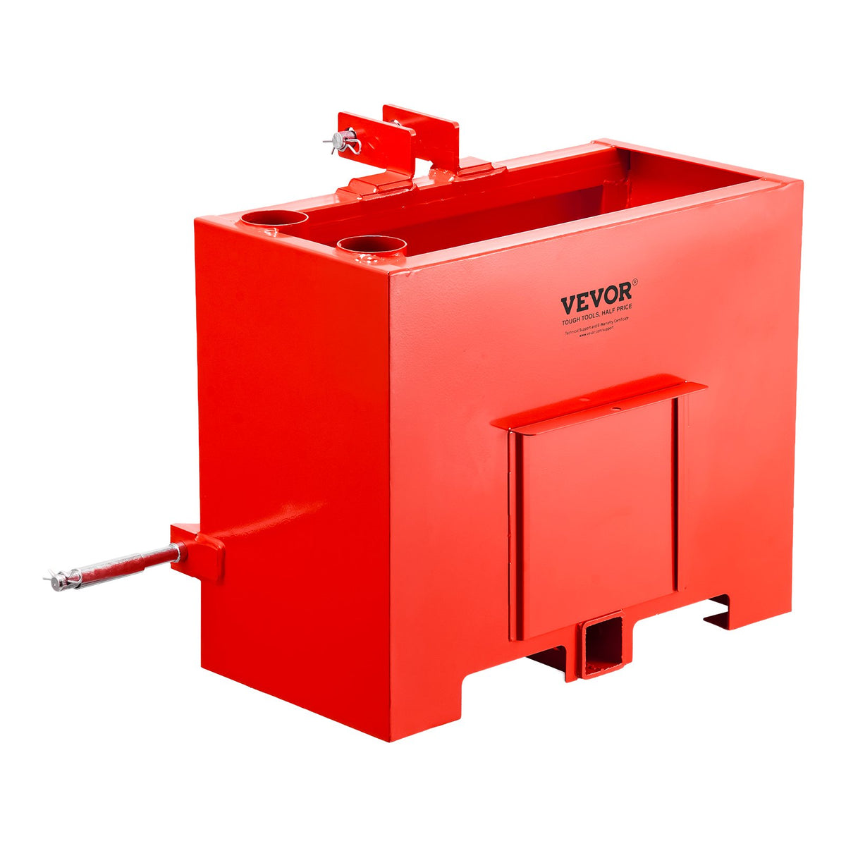 Ballast Box, 3-Point Category 1 Tractor Ballast of 363 kg Capacity, with Standard 55 mm Hitch Receiver, Heavy-Duty Steel 0.09 m³ Large Volume Durable Loader Attachment with Sliding Door, Red