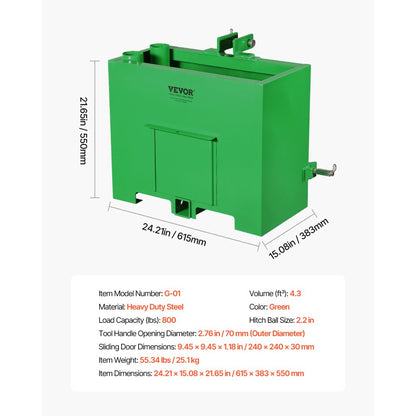 VEVOR Ballast Box 3 Point Category 1 Tractor Easy Tach Hitch Counterweight Green