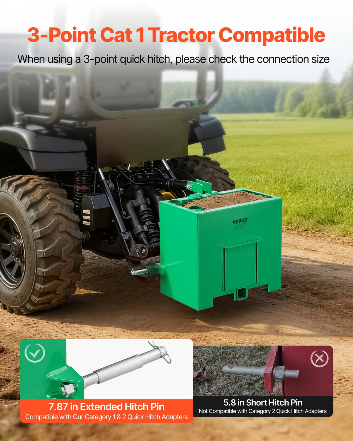 Ballast Box, 3-Point Category 1 Tractor Ballast of 363 kg Capacity, with Standard 55 mm Hitch Receiver, Heavy-Duty Steel 0.09 m³ Large Volume Durable Loader Attachment with Sliding Door, Green