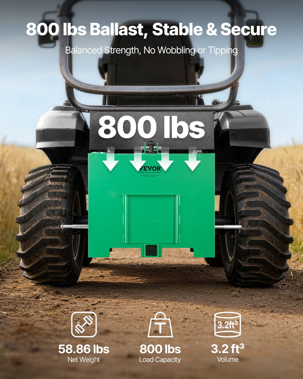 Ballast Box, 3-Point Category 1 Tractor Ballast of 363 kg Capacity, with Standard 55 mm Hitch Receiver, Heavy-Duty Steel 0.09 m³ Large Volume Durable Loader Attachment with Sliding Door, Green