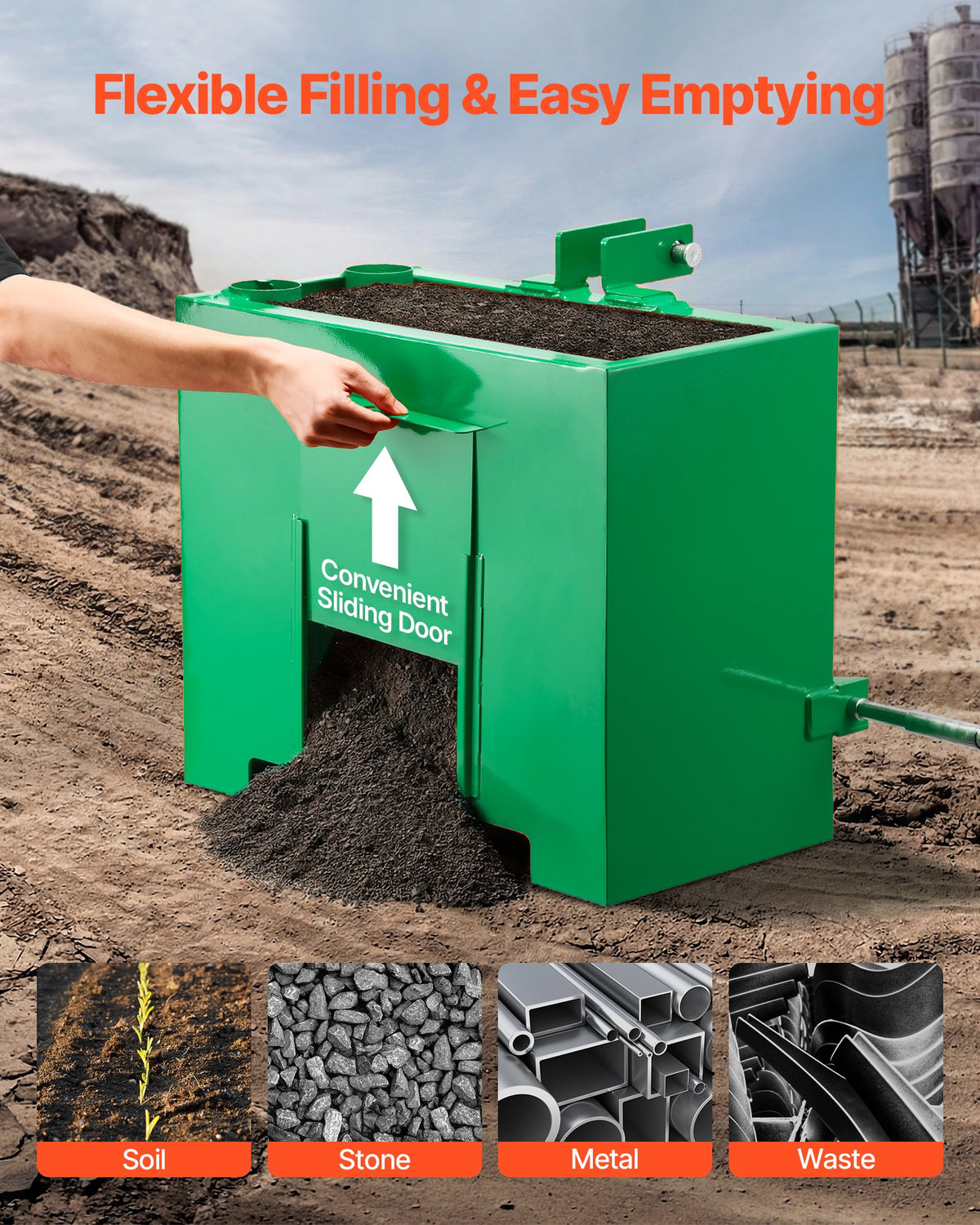 Ballast Box, 3-Point Category 1 Tractor Ballast of 363 kg Capacity, with Standard 55 mm Hitch Receiver, Heavy-Duty Steel 0.09 m³ Large Volume Durable Loader Attachment with Sliding Door, Green