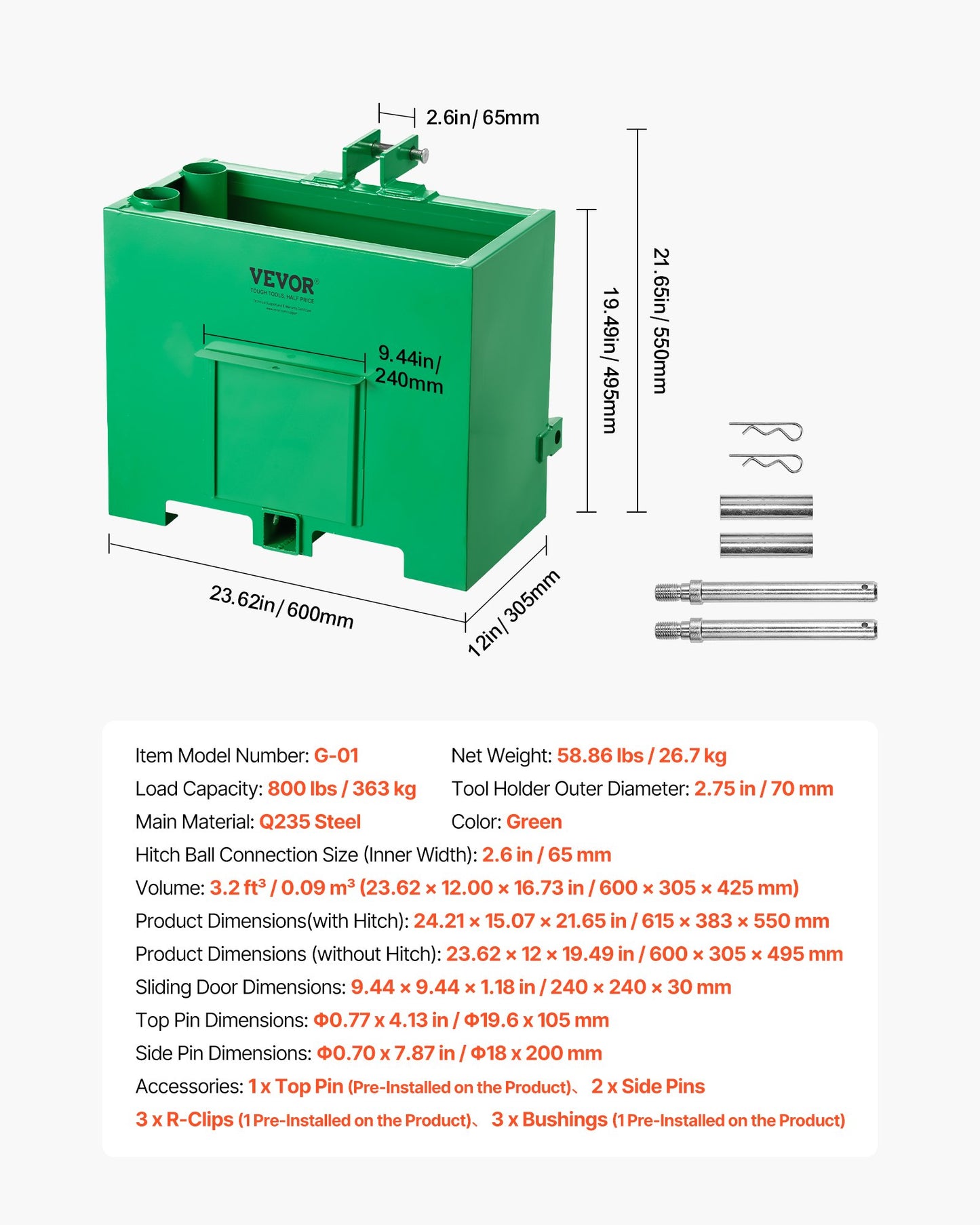 Ballast Box, 3-Point Category 1 Tractor Ballast of 363 kg Capacity, with Standard 55 mm Hitch Receiver, Heavy-Duty Steel 0.09 m³ Large Volume Durable Loader Attachment with Sliding Door, Green