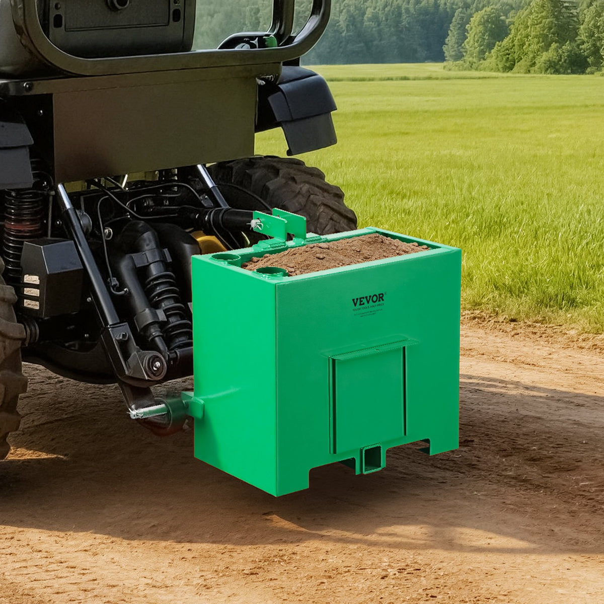 Ballast Box, 3-Point Category 1 Tractor Ballast of 363 kg Capacity, with Standard 55 mm Hitch Receiver, Heavy-Duty Steel 0.09 m³ Large Volume Durable Loader Attachment with Sliding Door, Green