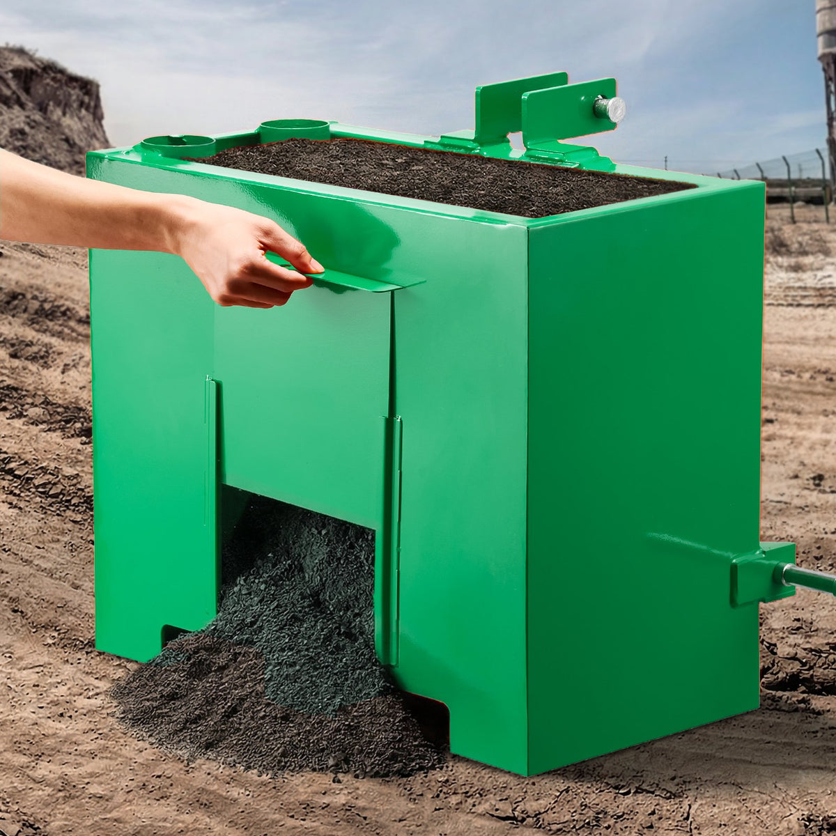 Ballast Box, 3-Point Category 1 Tractor Ballast of 363 kg Capacity, with Standard 55 mm Hitch Receiver, Heavy-Duty Steel 0.09 m³ Large Volume Durable Loader Attachment with Sliding Door, Green