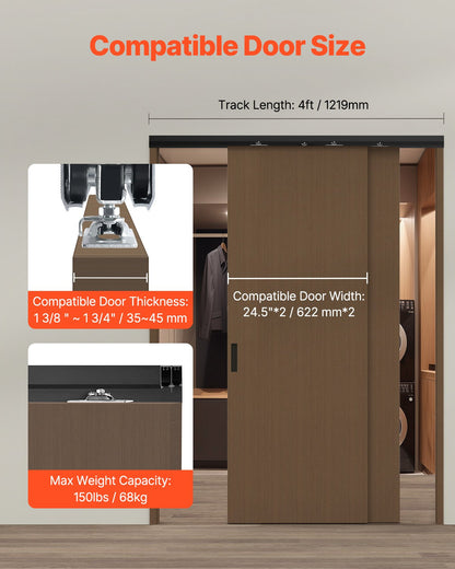 VEVOR Bypass Door Hardware 1.22m Bypass Closet Door Track Kit for 2 Door System