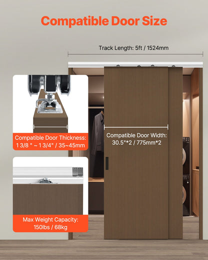 VEVOR Bypass Door Hardware 1.52m Bypass Closet Door Track Kit for 2 Door System