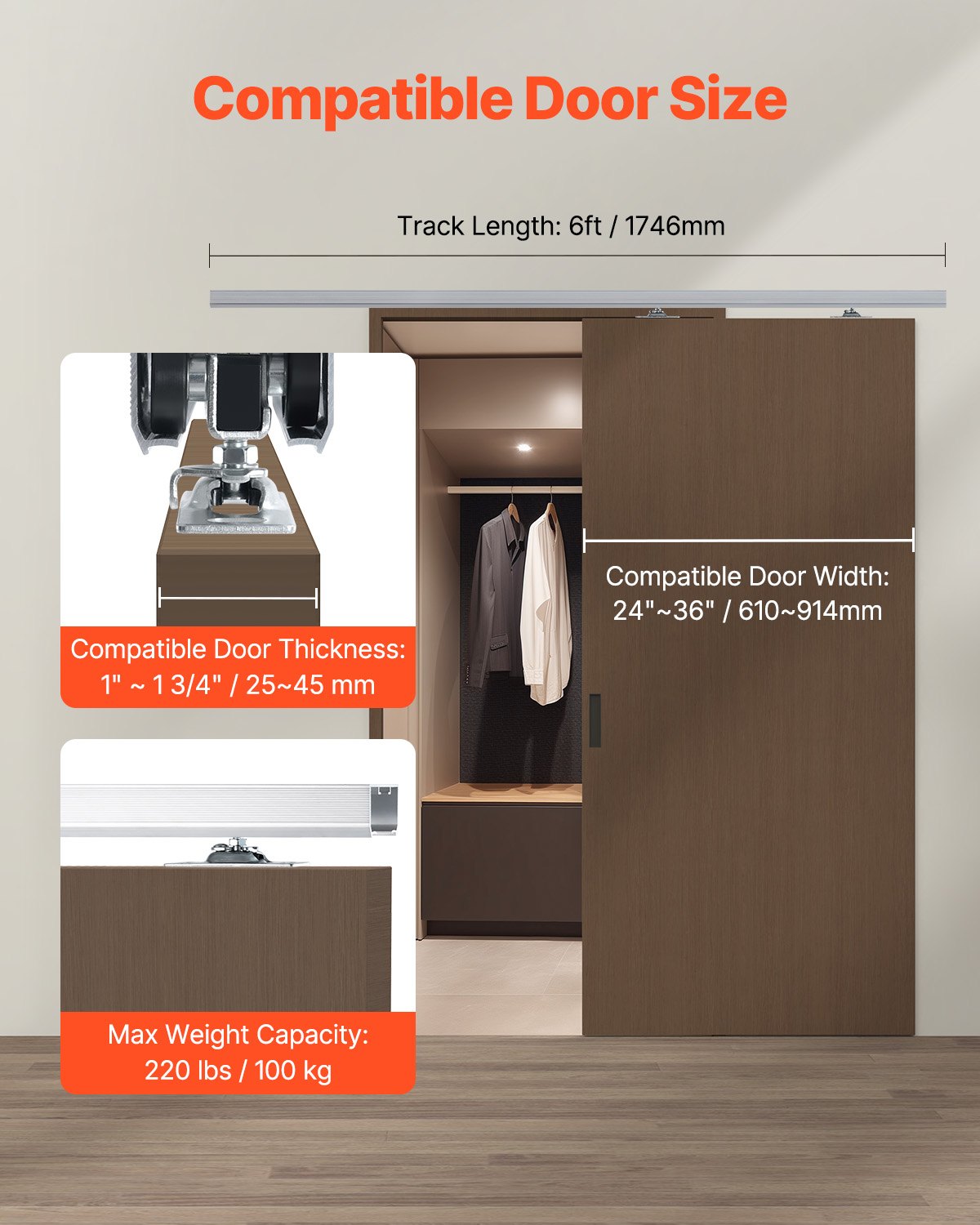 VEVOR Pocket Door Track Kit 1.75m Heavy Duty Pocket Door Hardware Kit 3 Wheels
