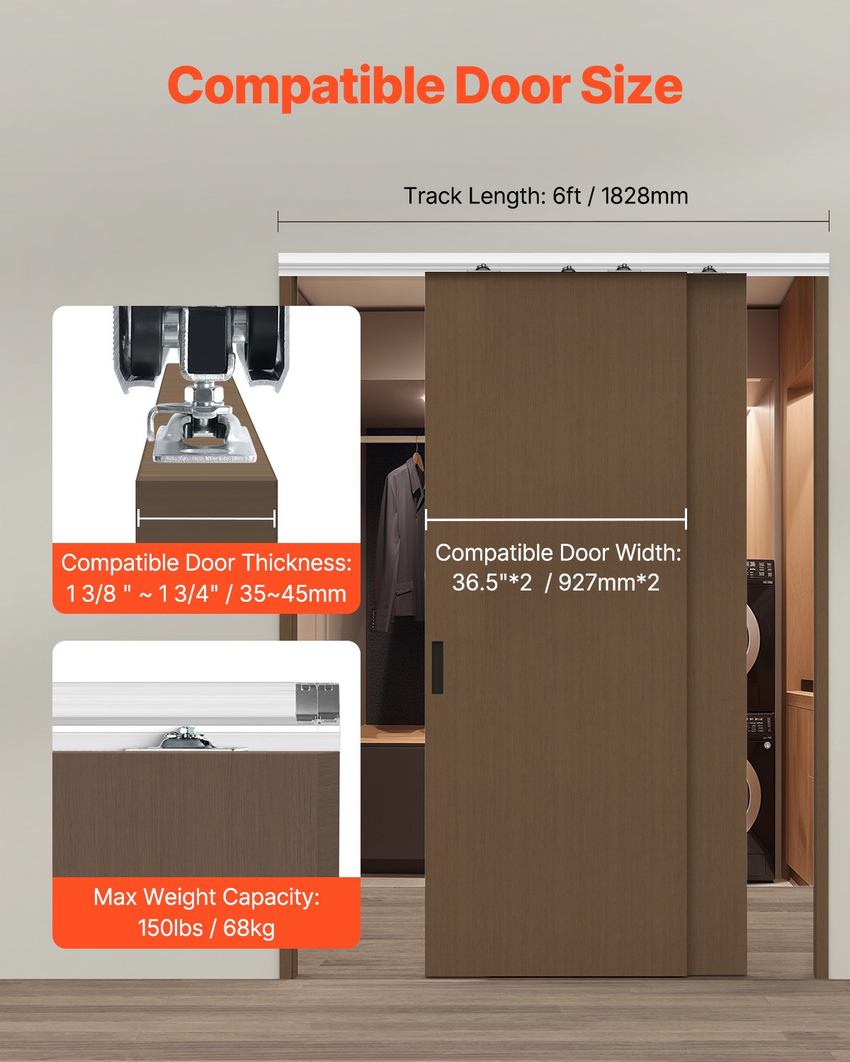 VEVOR Bypass Door Hardware 1.83m Bypass Closet Door Track Kit for 2 Door System