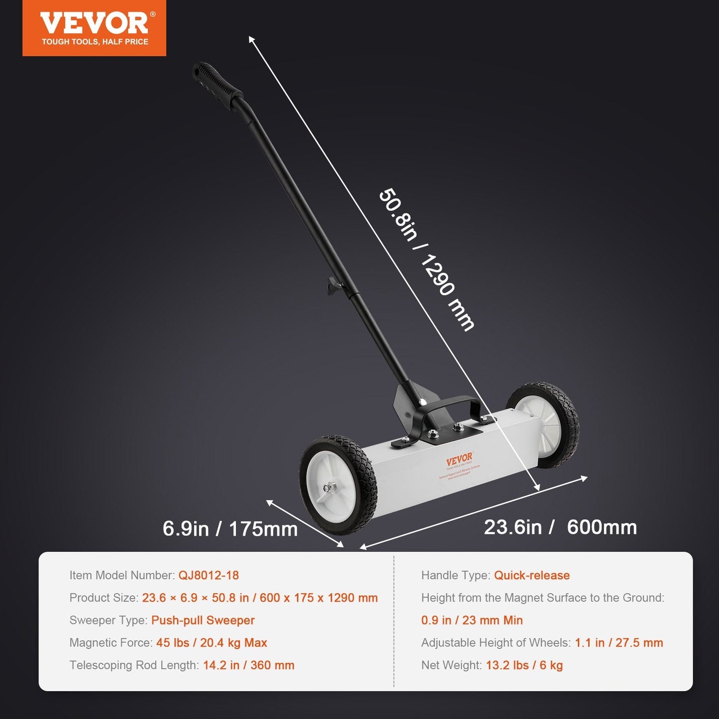Push-Type Magnetic Lawn Sweeper with Telescoping Handle, 20.4 kg Magnet Strength