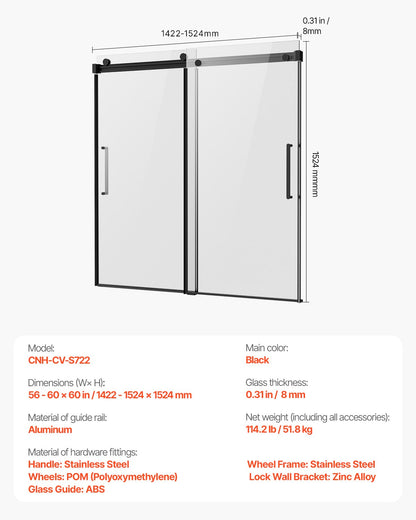 VEVOR Frameless Sliding Bathtub Door 1422-1524 mm x 1524 mm Frameless Shower Door