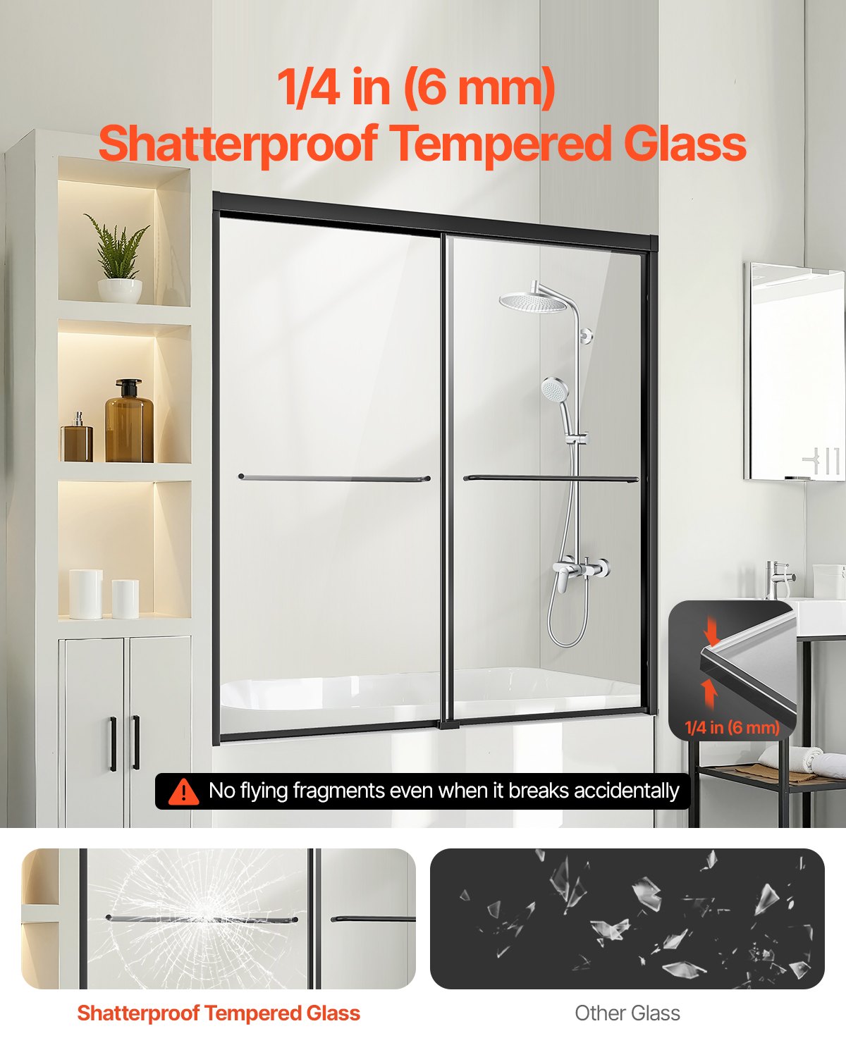 VEVOR Bathtub Shower Door 1422-1524 mm x 1524 mm Semi-Frameless Bypass Tub Door