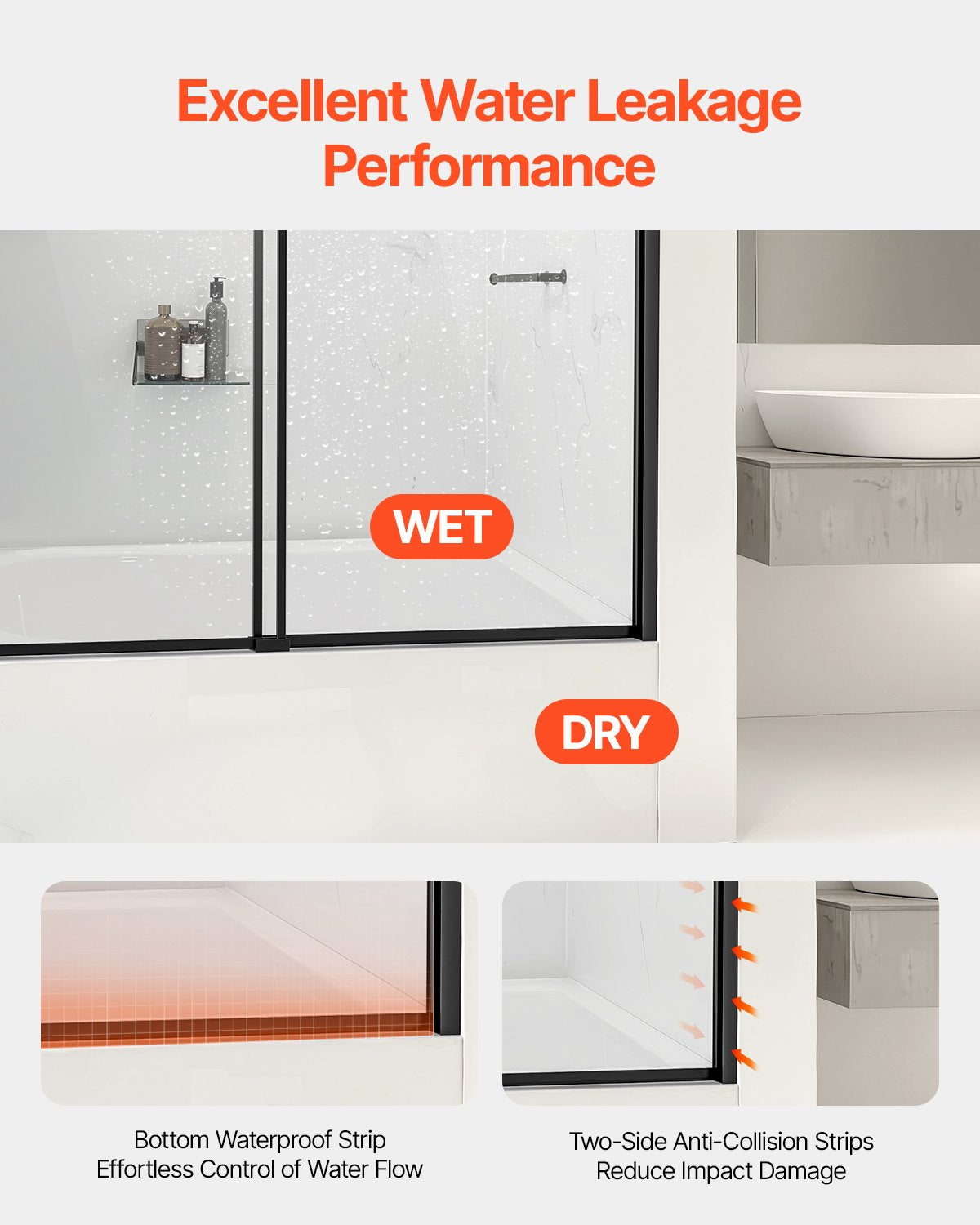 VEVOR Bathtub Shower Door 1422-1524 mm x 1524 mm Semi-Frameless Bypass Tub Door