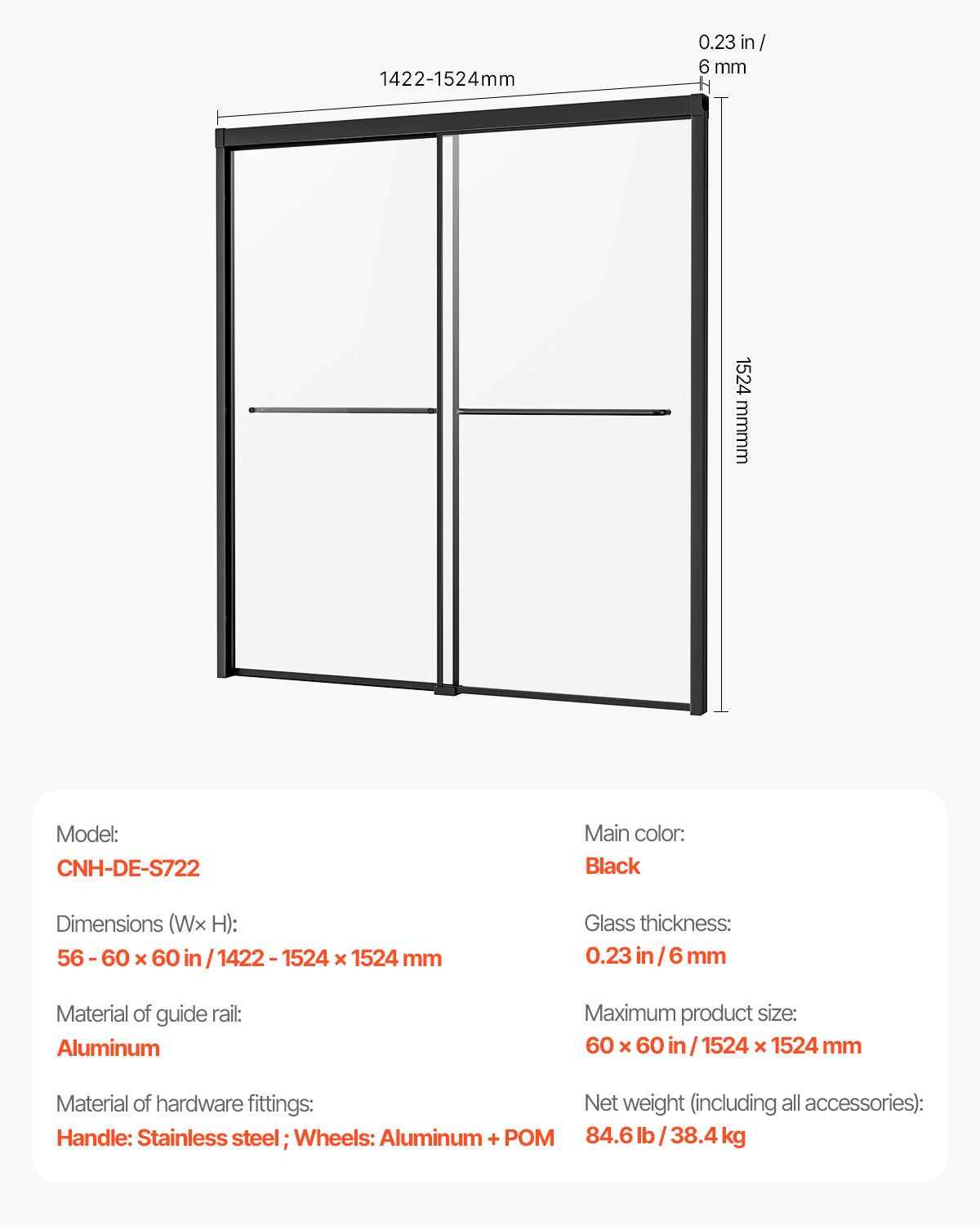 VEVOR Bathtub Shower Door 1422-1524 mm x 1524 mm Semi-Frameless Bypass Tub Door