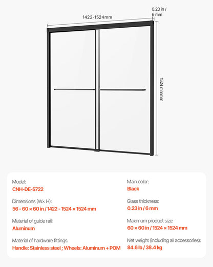 VEVOR Bathtub Shower Door 1422-1524 mm x 1524 mm Semi-Frameless Bypass Tub Door
