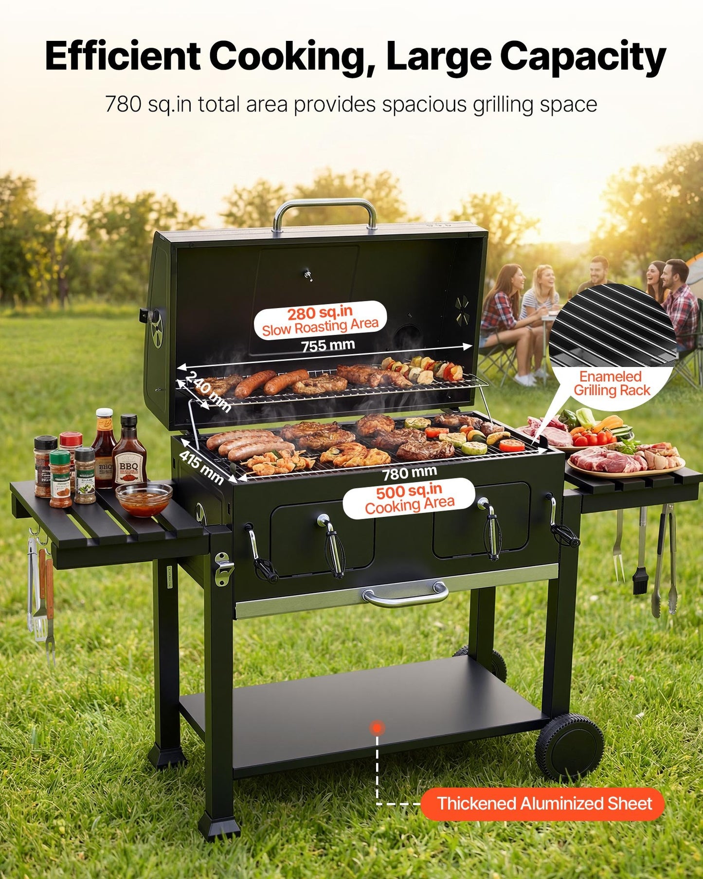 Charcoal Grill, 0.5 m² Large Charcoal Barbecue Grill with 2 Liftable Charcoal Trays & Folding Side Tables, High-Temp Powder-Coated Steel BBQ Cooking Grills for Patio Backyard Party