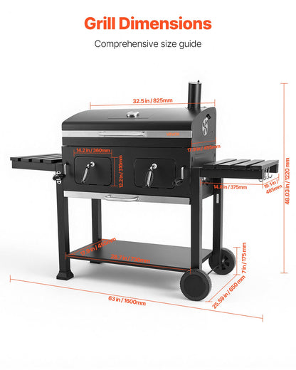 Charcoal Grill, 0.5 m² Large Charcoal Barbecue Grill with 2 Liftable Charcoal Trays & Folding Side Tables, High-Temp Powder-Coated Steel BBQ Cooking Grills for Patio Backyard Party
