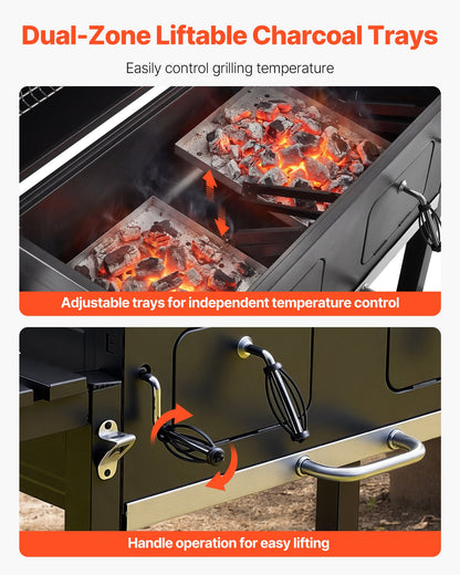Charcoal Grill, 0.5 m² Large Charcoal Barbecue Grill with 2 Liftable Charcoal Trays & Folding Side Tables, High-Temp Powder-Coated Steel BBQ Cooking Grills for Patio Backyard Party