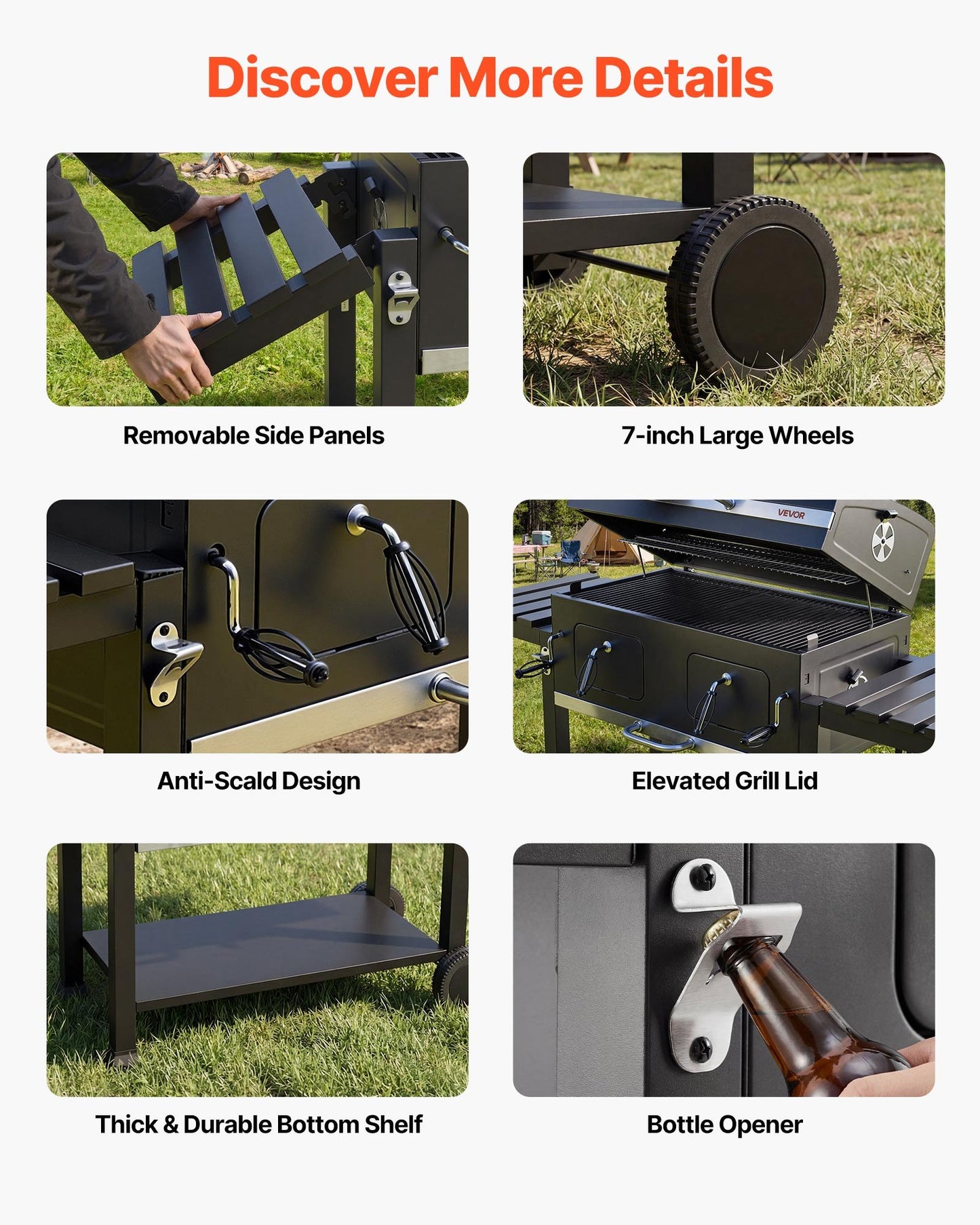 Charcoal Grill, 0.5 m² Large Charcoal Barbecue Grill with 2 Liftable Charcoal Trays & Folding Side Tables, High-Temp Powder-Coated Steel BBQ Cooking Grills for Patio Backyard Party