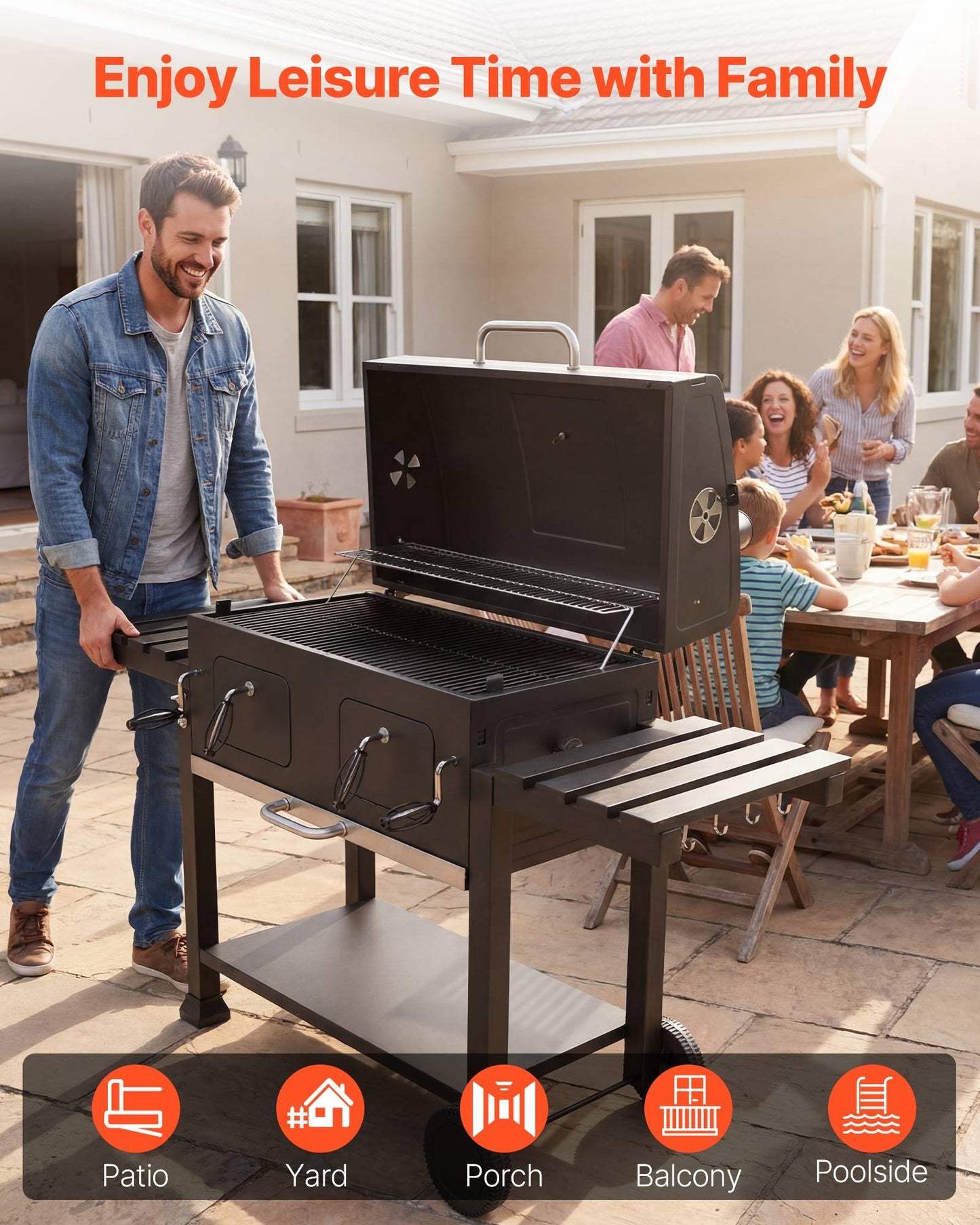 Charcoal Grill, 0.5 m² Large Charcoal Barbecue Grill with 2 Liftable Charcoal Trays & Folding Side Tables, High-Temp Powder-Coated Steel BBQ Cooking Grills for Patio Backyard Party