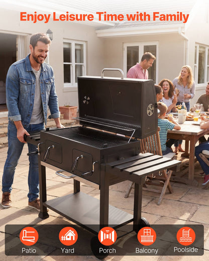Charcoal Grill, 0.5 m² Large Charcoal Barbecue Grill with 2 Liftable Charcoal Trays & Folding Side Tables, High-Temp Powder-Coated Steel BBQ Cooking Grills for Patio Backyard Party