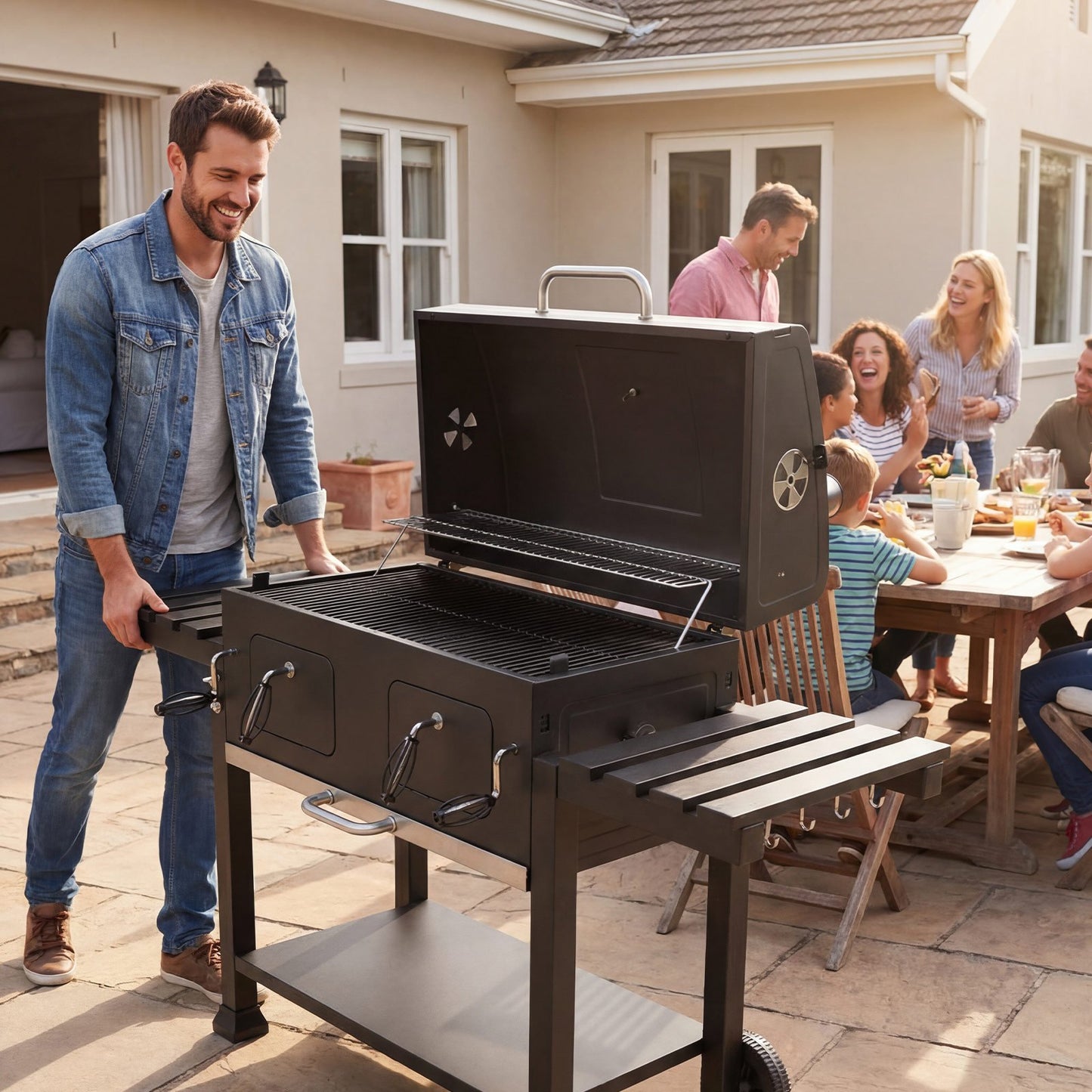 Charcoal Grill, 0.5 m² Large Charcoal Barbecue Grill with 2 Liftable Charcoal Trays & Folding Side Tables, High-Temp Powder-Coated Steel BBQ Cooking Grills for Patio Backyard Party