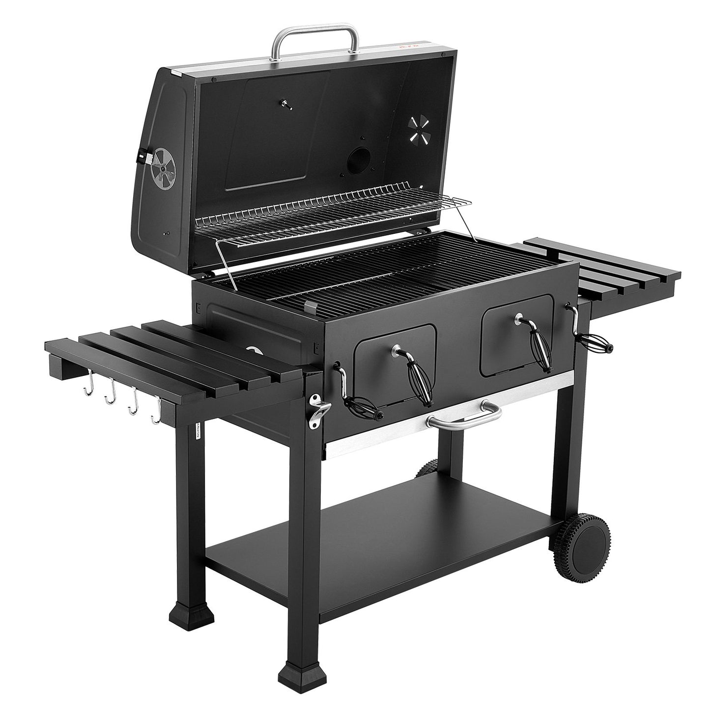 Charcoal Grill, 0.5 m² Large Charcoal Barbecue Grill with 2 Liftable Charcoal Trays & Folding Side Tables, High-Temp Powder-Coated Steel BBQ Cooking Grills for Patio Backyard Party